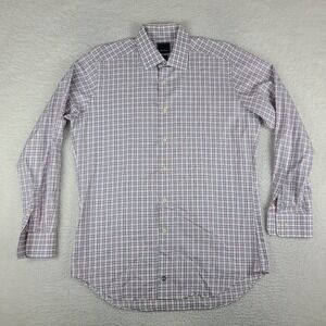 David Donahue Dress Shirt Mens 16.5 34/35‎ Blue Red Plaid Trim Fit Button Up